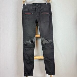 ETIENNE MARCEL Women's 28 Black Coated Moto Skinny Jeans Red Zip Faux Leather